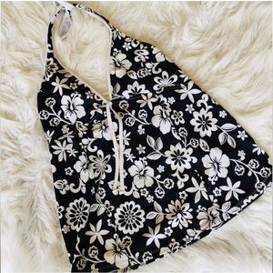 Motherhood Halter Tankini Swim Top Size Medium Black & White Hibiscus